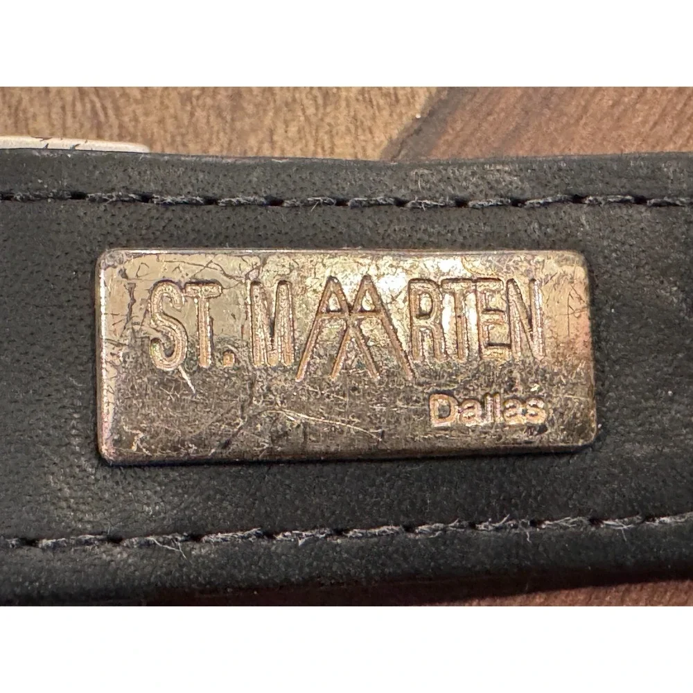Vintage St Maarten Black Belt with Buckle Silver Tone‎ Studs Rhinestones Size 26